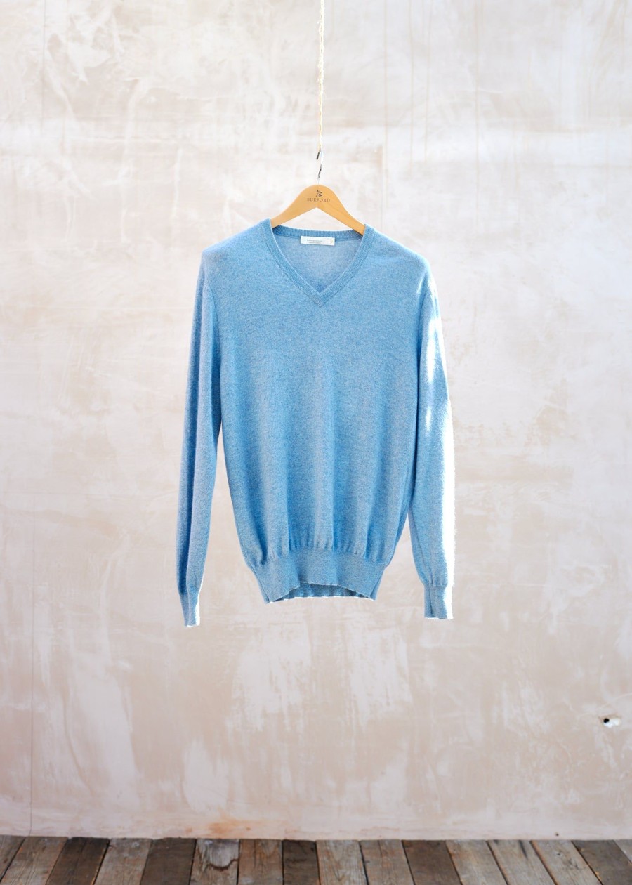 Clothing Kenny Ryder Pre-Loved Menswear | Ermenegildo Zegna Light Blue 100% Cashmere V-Neck Jumper - L