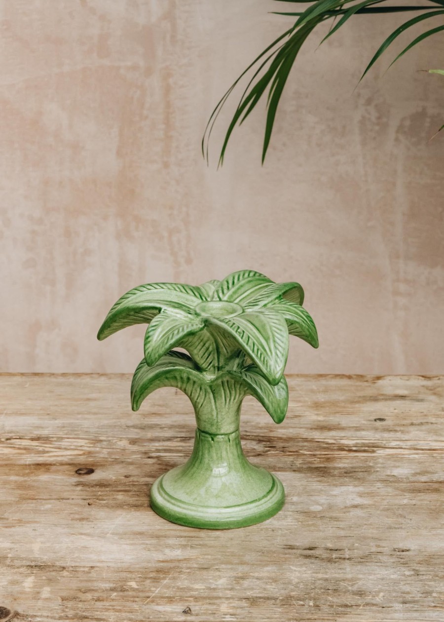 Interiors Les Ottomans Decorative | Les Ottomans Small Palm Green Ceramic Candleholder