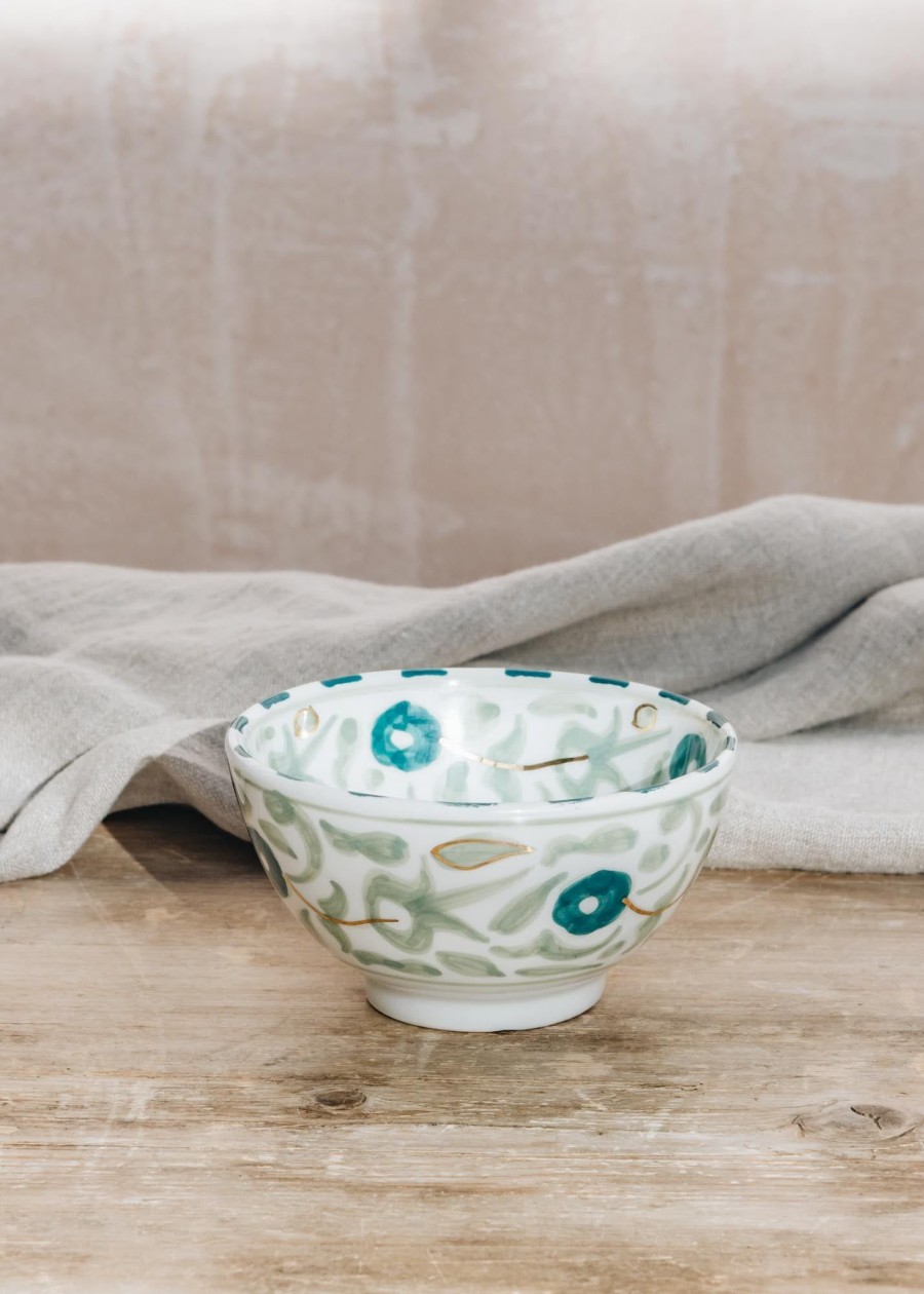 Interiors Chabi Chic Dining | Small Flower Almond Green And Dark Green Ceramic Round Bowl Pm
