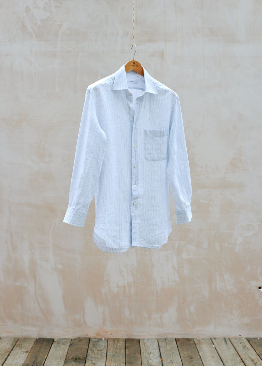 Clothing Kenny Ryder Pre-Loved Menswear | Ermenegildo Zegna Light Blue & White Linen Shirt - M/L