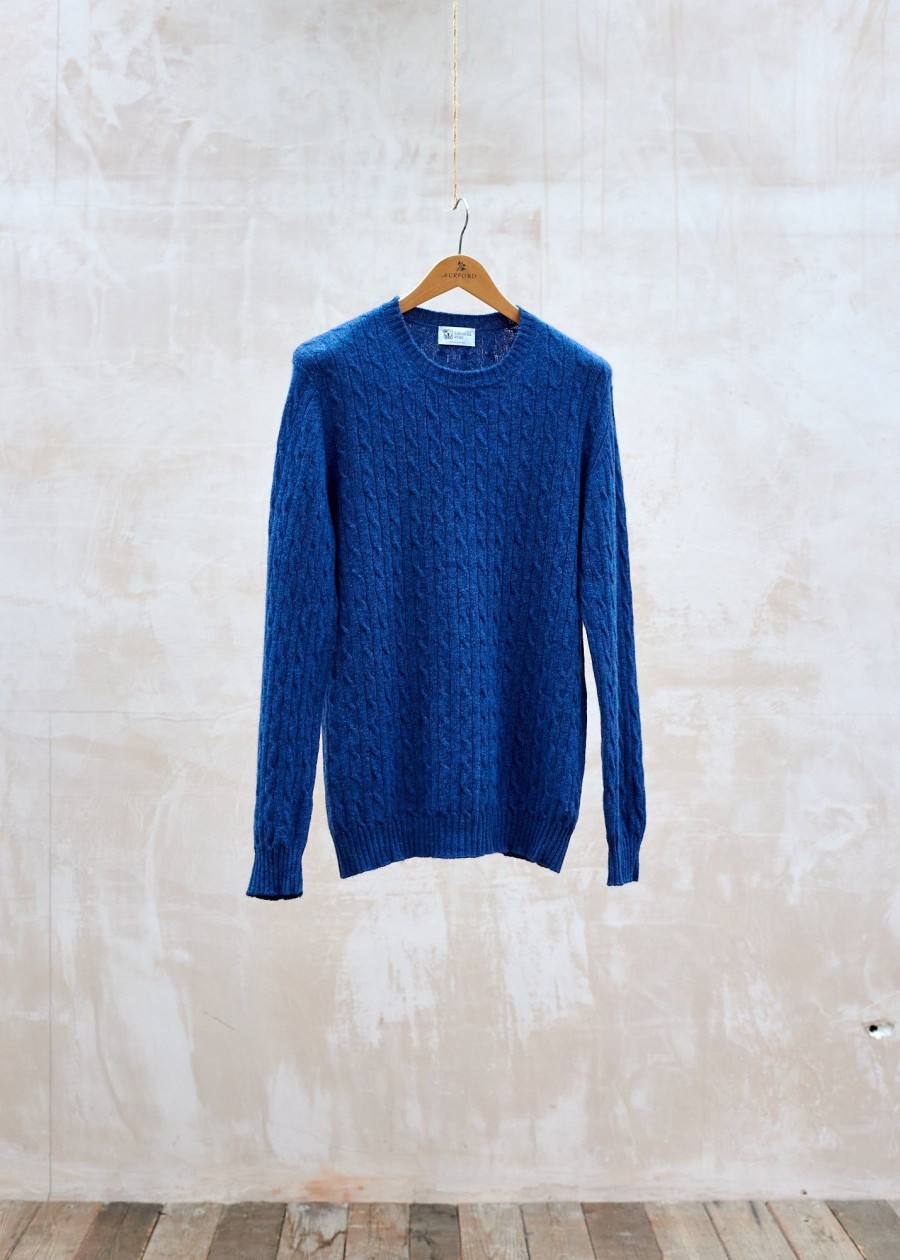 Clothing Kenny Ryder Pre-Loved Menswear | Johnstons Of Elgin 100% Wool Blue Cable Knit Crewneck - L