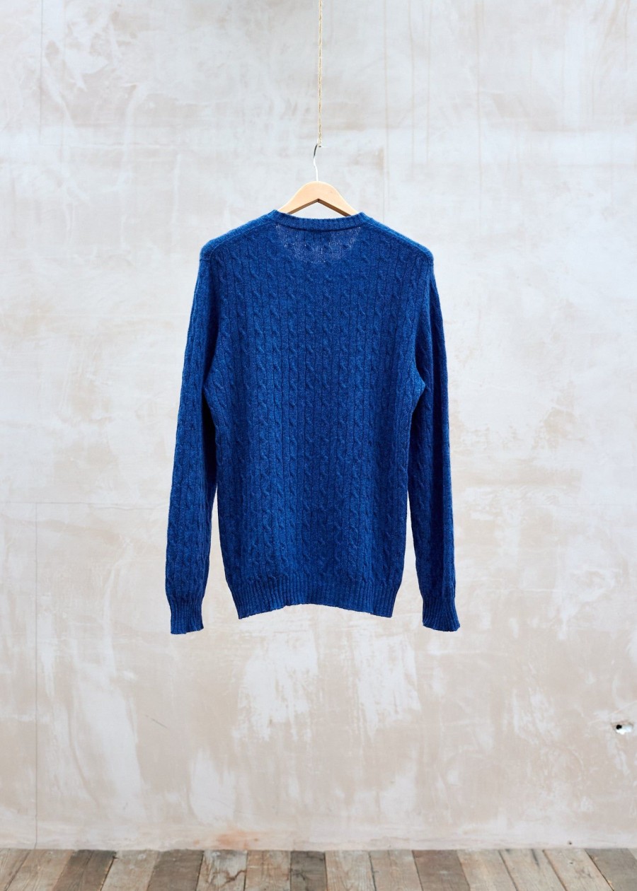 Clothing Kenny Ryder Pre-Loved Menswear | Johnstons Of Elgin 100% Wool Blue Cable Knit Crewneck - L