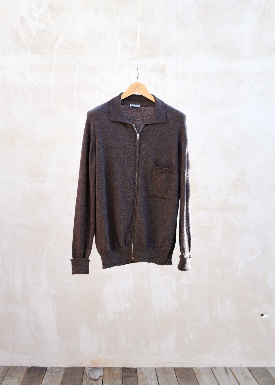 Clothing Kenny Ryder Pre-Loved Menswear | Margaret Howell Merino Wool Knitted Brown Zip-Up Cardigan - M