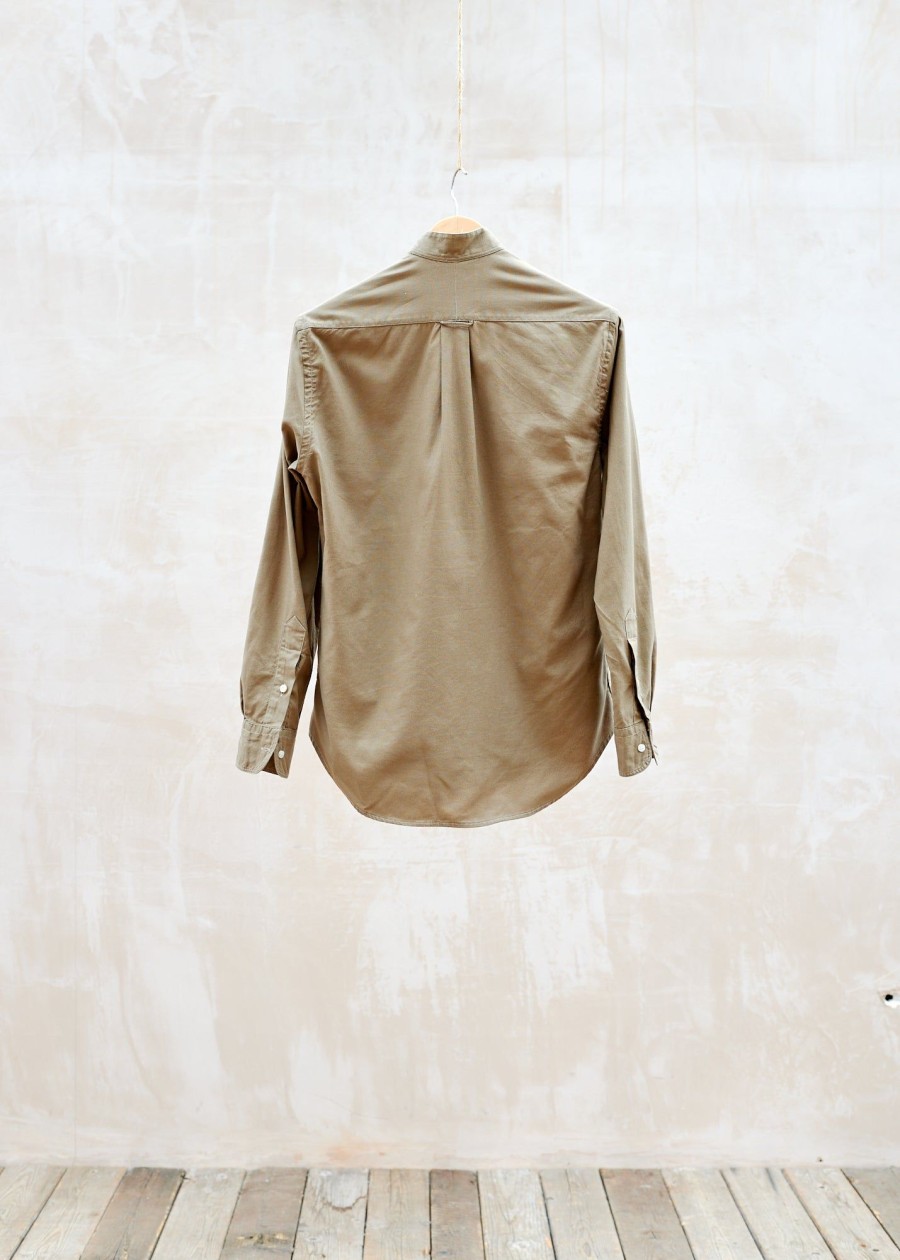 Clothing Kenny Ryder Pre-Loved Menswear | Gitman Bros. Khaki Brown Cotton Collarless Shirt - S