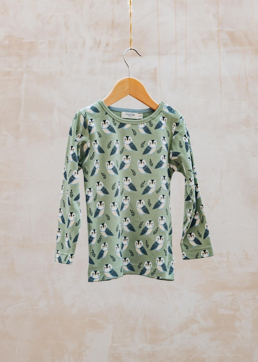 Children Pigeon Organics Children'S Clothing | Pigeon Organics Children'S Long Sleeved T-Shirt In Green With Owls